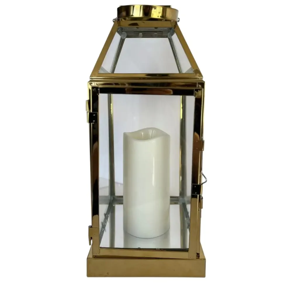 Gold Glass Lantern LED Candle Holder Battery Operated 14” Decorative Lantern